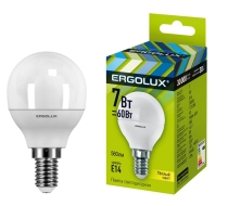 Лампа светодиодная «Ergolux» LED G45  7W, 60Вт (Е14) 3000К «шар» (1/10/100шт)/12142/874493